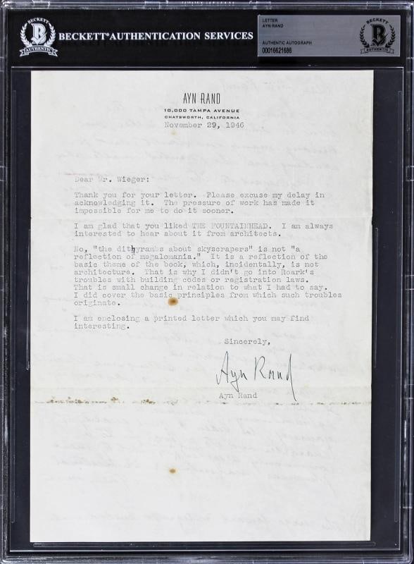 Ayn Rand Authentic Signed 7.25x10 Typed Letter Dated Nov. 29, 1946 BAS Slabbed - 6