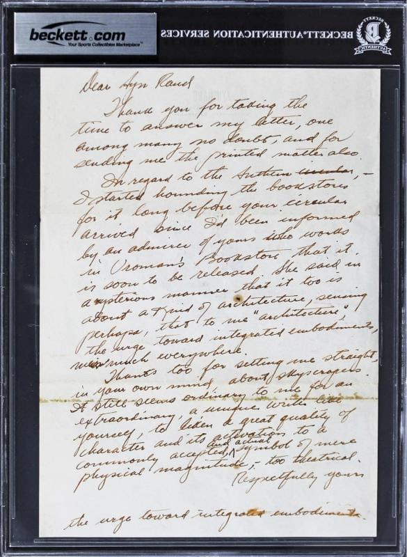 Ayn Rand Authentic Signed 7.25x10 Typed Letter Dated Nov. 29, 1946 BAS Slabbed - 7