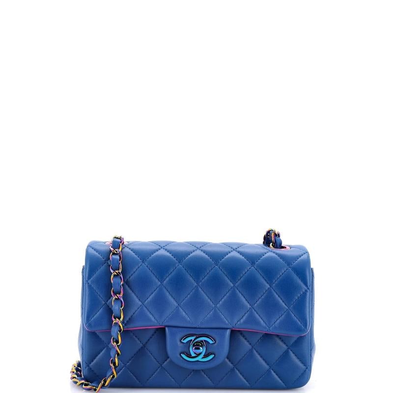 Chanel Classic Single Flap Bag Quilted Lambskin with Rainbow Hardware Mini: Condition: Pre-owned - Excellent,Brand: Chanel,Exterior Material: Leather,Style: Cross Body Bags,Exterior Color: Blue,Department: Women,Size: Mini,Accessories: Dust Bag, Authenticity Card