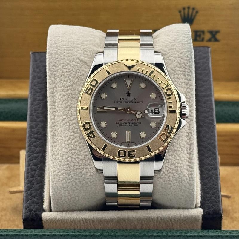 Rolex Yacht-Master Midsize 168623 35mm Silver Dial 18K Gold Steel Box Papers - 4