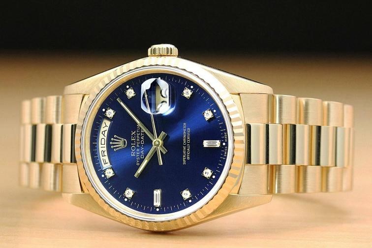 ROLEX MENS DAY DATE 18238 PRESIDENT 18K YELLOW GOLD BLUE FACTORY DIAMOND WATCH - 3