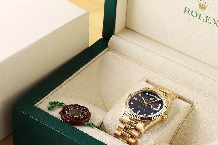 ROLEX MENS DAY DATE 18238 PRESIDENT 18K YELLOW GOLD BLUE FACTORY DIAMOND WATCH - 6