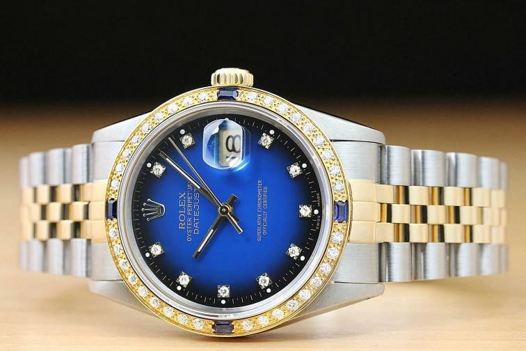 ROLEX MENS DATEJUST 16013 FACTORY DIAMOND DIAL 18K GOLD DIAMOND SAPPHIRE WATCH - 3