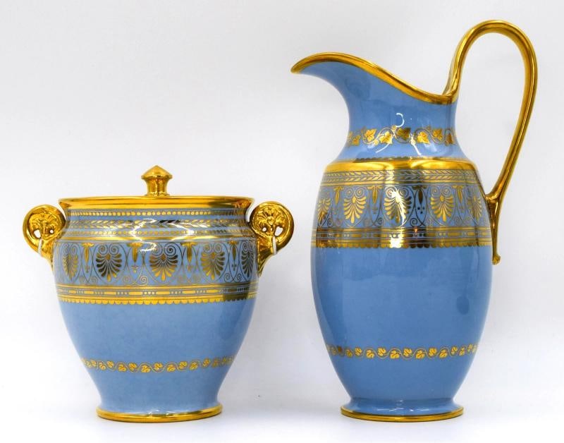 Antique Sevres 19th Century Fond Blue Agate Covered Sugar Bowl & Creamer: The Antique Sevres 19th Century Fond Blue Agate Covered Sugar Bowl & Creamer is a stunning and elegant creamer and sugar set made by the prestigious brand SÃƒÂ¨vres. Crafted from f