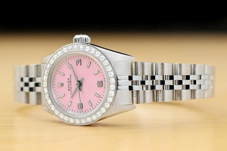ROLEX LADIES OYSTER PERPETUAL 67180 PINK ARABIC DIAL DIAMOND BEZEL STEEL WATCH - 2