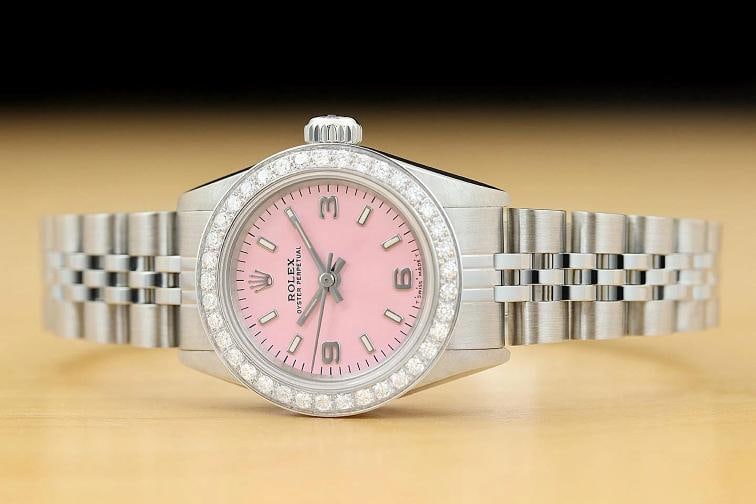 ROLEX LADIES OYSTER PERPETUAL 67180 PINK ARABIC DIAL DIAMOND BEZEL STEEL WATCH - 3