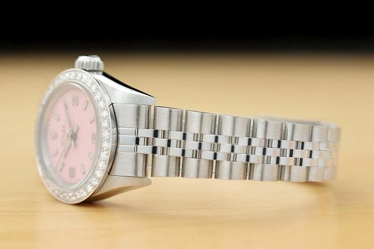 ROLEX LADIES OYSTER PERPETUAL 67180 PINK ARABIC DIAL DIAMOND BEZEL STEEL WATCH - 4