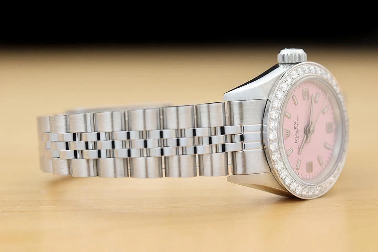 ROLEX LADIES OYSTER PERPETUAL 67180 PINK ARABIC DIAL DIAMOND BEZEL STEEL WATCH - 7