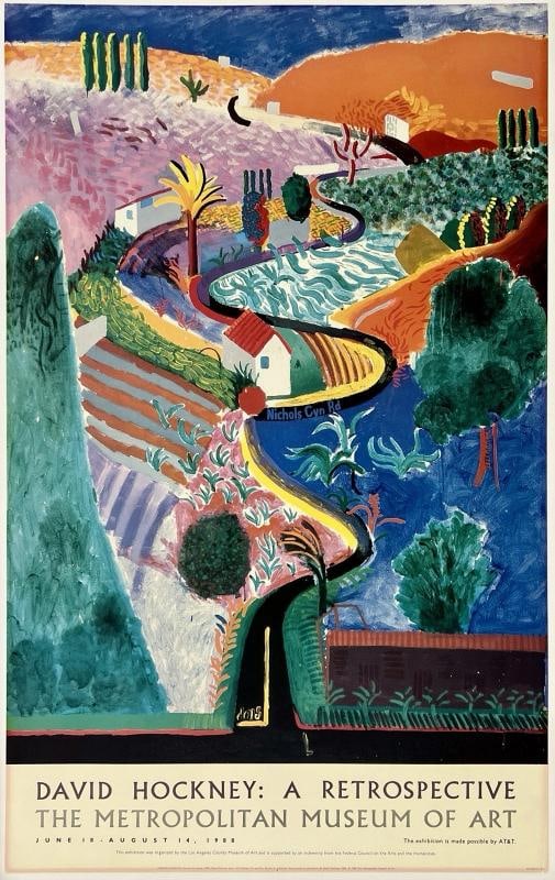 Original Vintage Poster DAVID HOCKNEY RETROSPECTIVE Nichols Canyon MOMA 1988 OL: Dimensions: 24.2 x 39 in. / 61.5 x 99 cm.; Circa: 1988 Original vintage "DAVID HOCKNEY - A RETROSPECTIVE - NICHOLS CANYON - METROPOLITAN MUSEUM OF ART - 1988" art exhibition poster printed circa 1988.