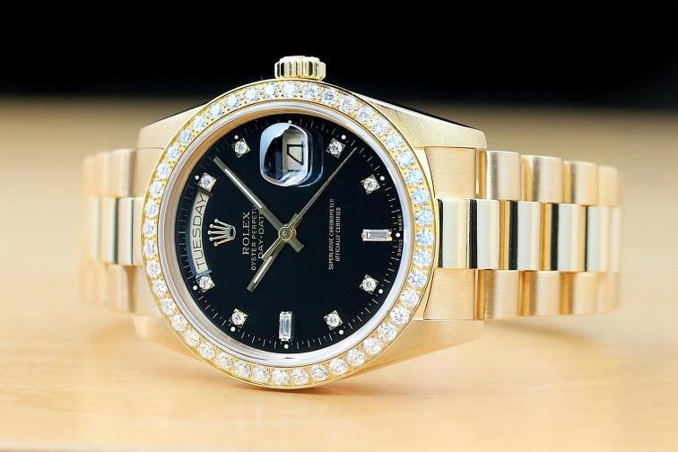 ROLEX DAY-DATE 18038 BLACK FACTORY DIAMOND 18K GOLD PRESIDENT 1.6 CT BEZEL WATCH - 2