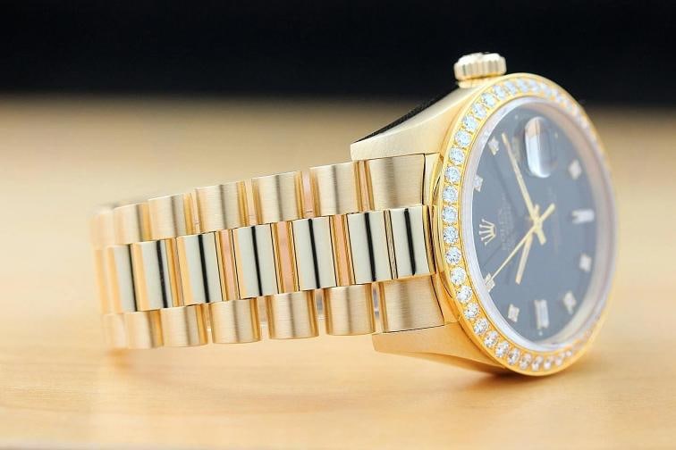 ROLEX DAY-DATE 18038 BLACK FACTORY DIAMOND 18K GOLD PRESIDENT 1.6 CT BEZEL WATCH - 8