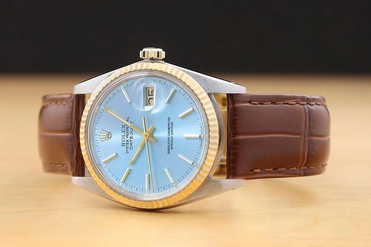ROLEX DATEJUST 16013 18K GOLD STEEL ICE BLUE DIAL WATCH w/ BROWN LEATHER STRAP - 2
