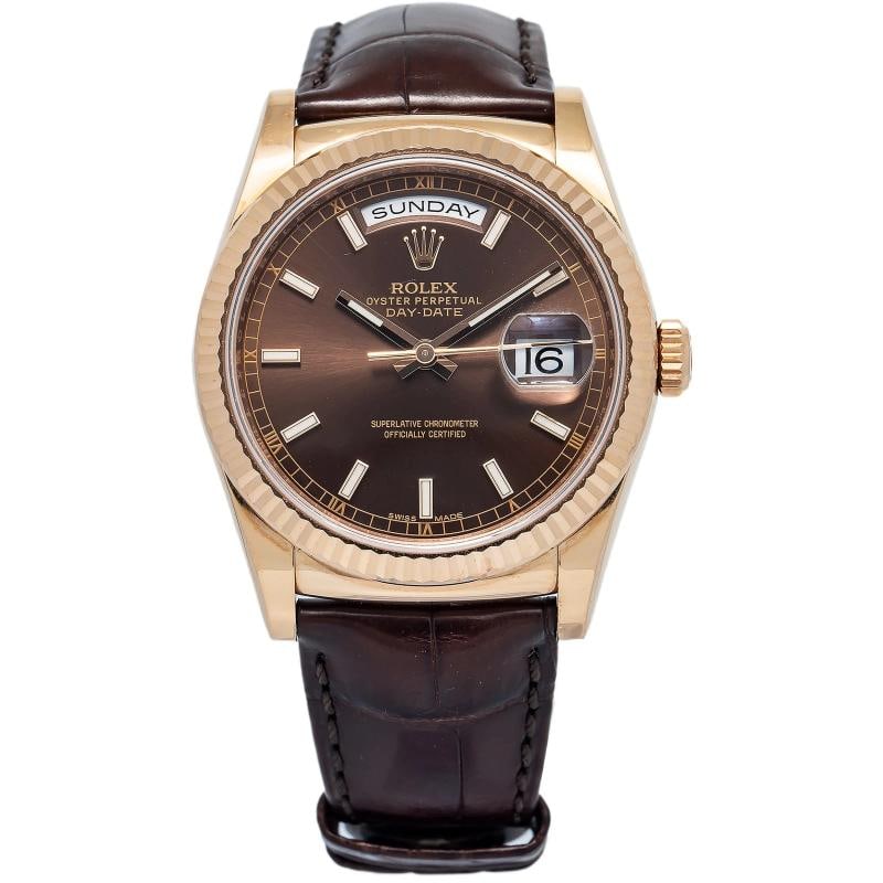 Rolex Day-Date 118135 2016 Card Auto 18k Rose Gold Chocolate Dial Unisex 36mm: Condition: Pre-owned - Good: This item has been gently used but is in good condition. It might have a few signs of wear, like light scratches or tarnishing.,Brand: Rolex,WARRANTY: 1 Year,CONDITION DES