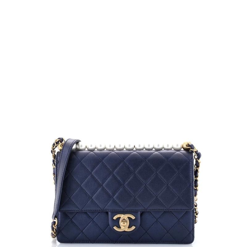 Chanel Chic Pearls Flap Bag Quilted Lambskin Small: Condition: Pre-owned - Fair,Brand: Chanel,Exterior Material: Leather,Style: Shoulder Bags,Exterior Color: Blue,Department: Women,Size: Small,Accessories: Authenticity Card, Dust Bag