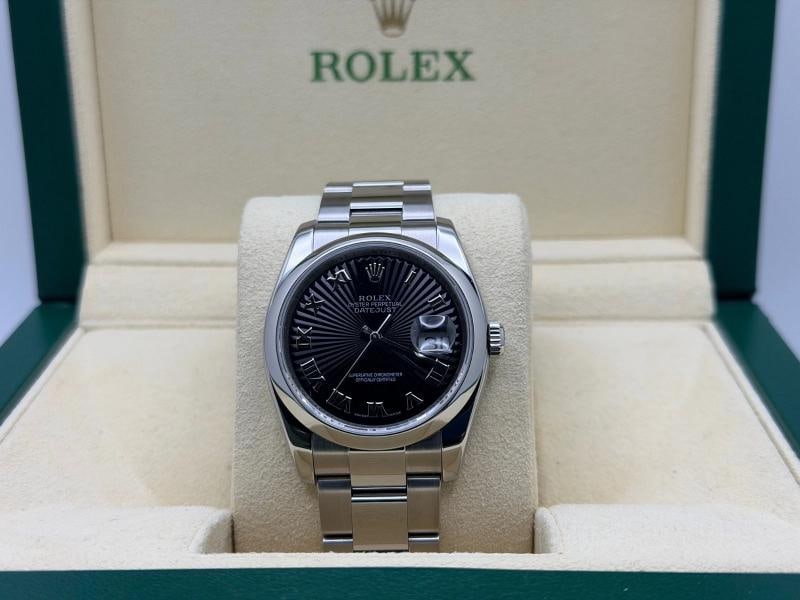Rolex Datejust 116200 36mm Black Sunbeam Dial Stainless Steel Box: Condition: Pre-owned - Good,Bezel Color: Silver,Dial Pattern: Sunburst,Indices: Roman Numerals,Year Manufactured: 2000-2009,Band/Strap: Rolex Oyster,Case Color: Silver,Department: Men,Watch Shape: Rou