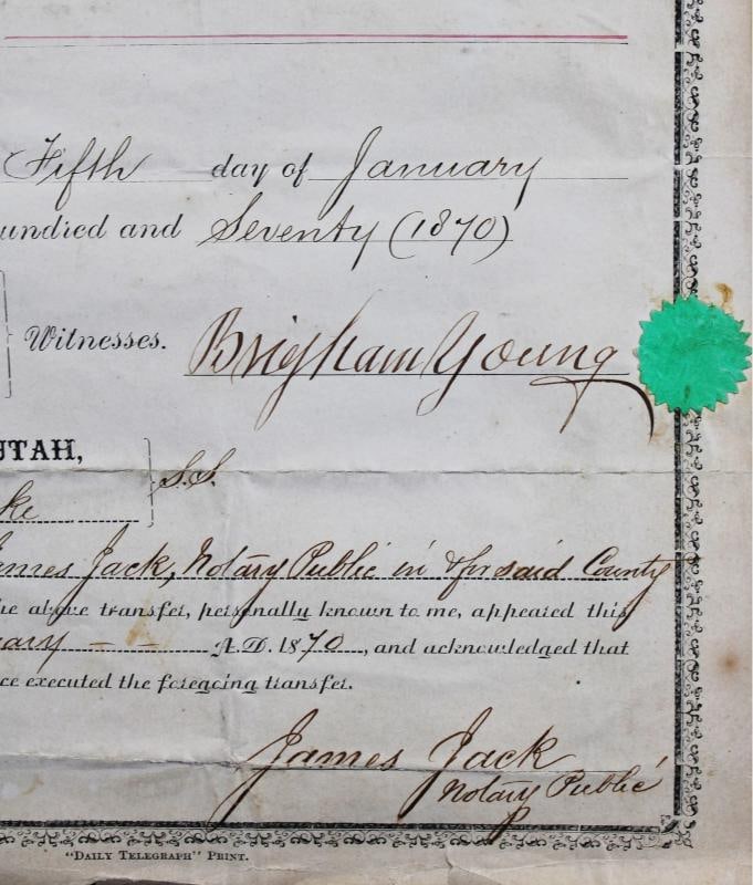 Brigham Young Signed 8x12.75 1870 Land Transfer Deed Document BAS #AE64447 - 3