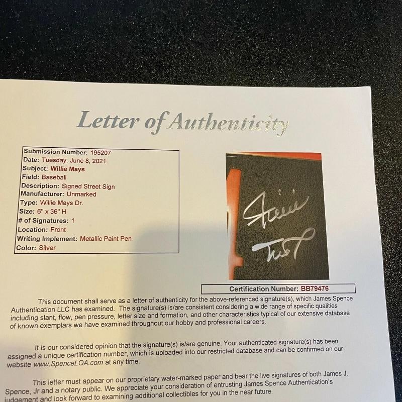 Willie Mays Signed Large Willie Mays Drive Street Sign Giants JSA COA - 6