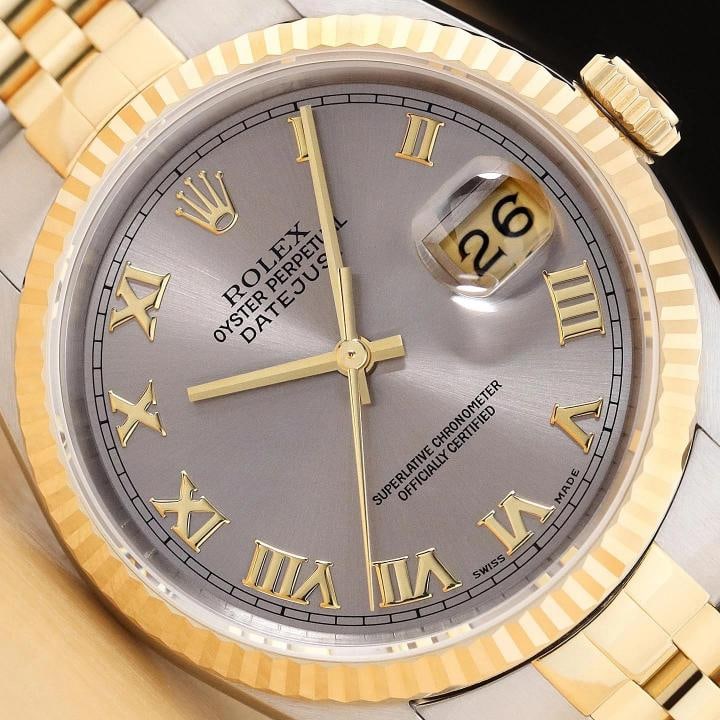 ROLEX MENS DATEJUST 16233 GRAY ROMAN DIAL 18K GOLD STEEL NO HOLES TWO TONE WATCH: Condition: Pre-owned - Excellent,Brand: Rolex,Department: Men's,Dial: Rolex Roman Dial,Bezel: Rolex 18K Yellow Gold Fluted Bezel,Features: 12-Hour Dial, Chronometer, Sapphire Crystal, Screwdown Crown,