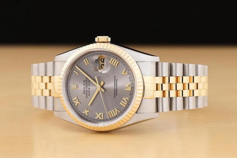 ROLEX MENS DATEJUST 16233 GRAY ROMAN DIAL 18K GOLD STEEL NO HOLES TWO TONE WATCH - 2
