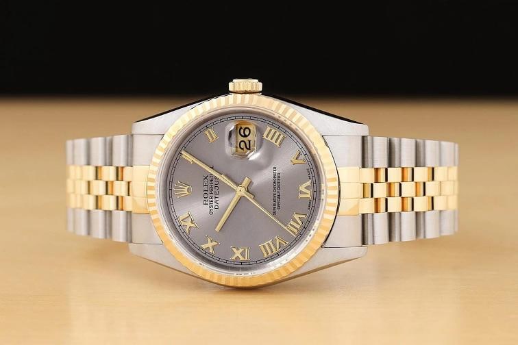 ROLEX MENS DATEJUST 16233 GRAY ROMAN DIAL 18K GOLD STEEL NO HOLES TWO TONE WATCH - 3