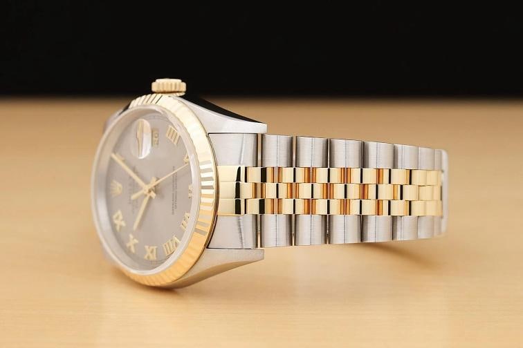 ROLEX MENS DATEJUST 16233 GRAY ROMAN DIAL 18K GOLD STEEL NO HOLES TWO TONE WATCH - 4