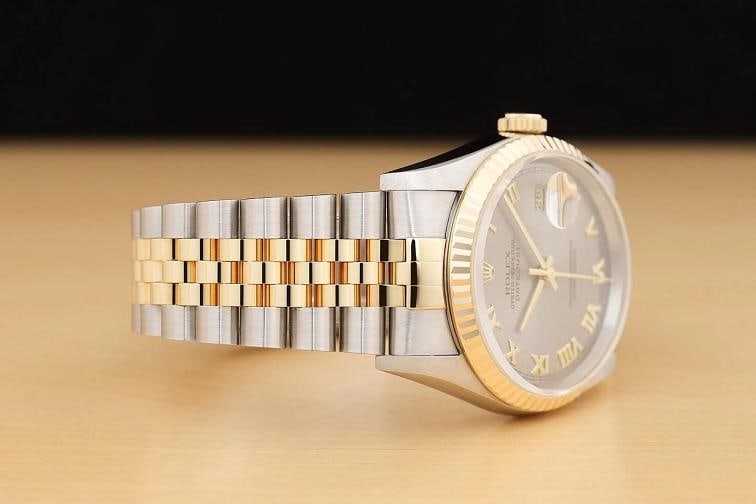 ROLEX MENS DATEJUST 16233 GRAY ROMAN DIAL 18K GOLD STEEL NO HOLES TWO TONE WATCH - 7