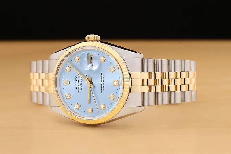 ROLEX MENS DATEJUST 16013 ICE BLUE DIAMOND DIAL 18K YELLOW GOLD STEEL WATCH - 2