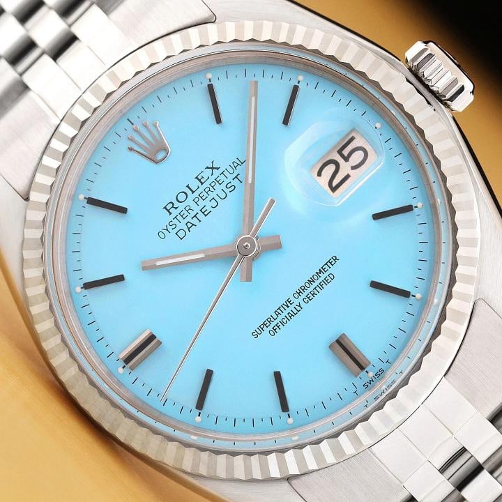ROLEX MENS DATEJUST 1601 AQUA BLUE 18K WHITE GOLD STEEL WATCH w/ JUBILEE BAND: Condition: Pre-owned - Excellent,Bezel Color: Silver,Max Wrist Size: 7.26-7.5 in,Number of Jewels: 26 Jewels,Indices: Stick Indexes, 12-Hour Dial,Bezel: Rolex 18K White Gold Fluted Bezel,Band/Strap: B