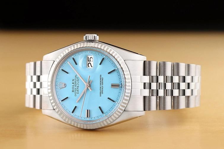 ROLEX MENS DATEJUST 1601 AQUA BLUE 18K WHITE GOLD STEEL WATCH w/ JUBILEE BAND - 2