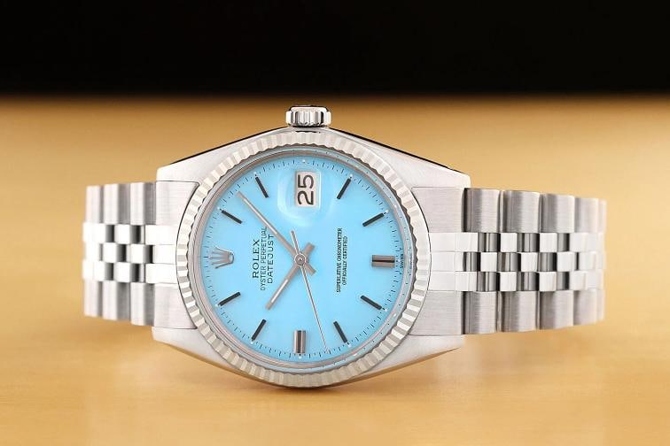 ROLEX MENS DATEJUST 1601 AQUA BLUE 18K WHITE GOLD STEEL WATCH w/ JUBILEE BAND - 3