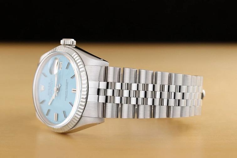 ROLEX MENS DATEJUST 1601 AQUA BLUE 18K WHITE GOLD STEEL WATCH w/ JUBILEE BAND - 4