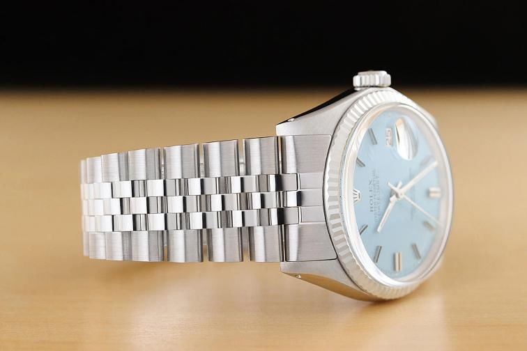 ROLEX MENS DATEJUST 1601 AQUA BLUE 18K WHITE GOLD STEEL WATCH w/ JUBILEE BAND - 6