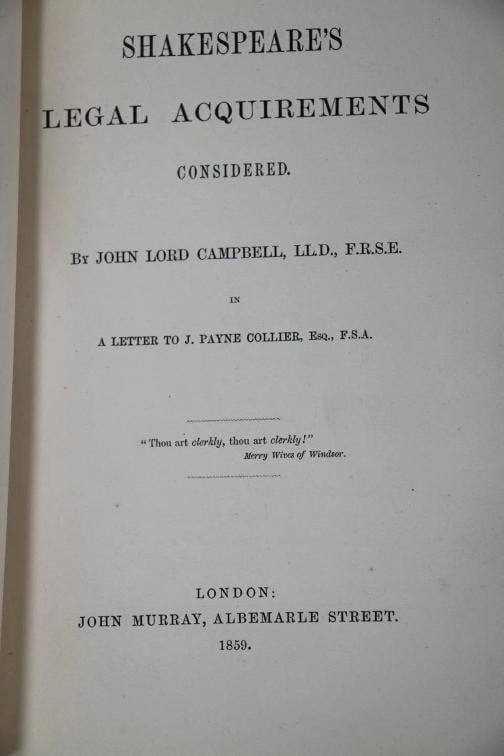 John Lord Campbell / Shakespeare's Legal Acquirements Considered 1st ed 1859 - 2