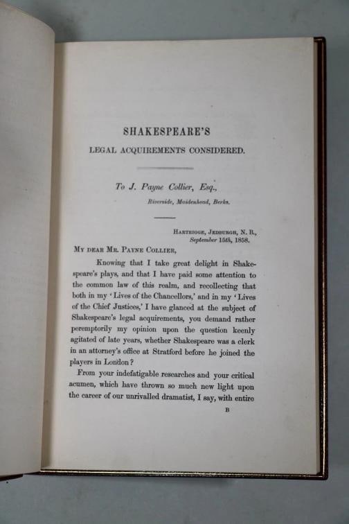John Lord Campbell / Shakespeare's Legal Acquirements Considered 1st ed 1859 - 8