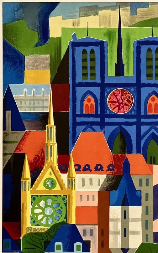 Original Vintage Poster AIR FRANCE PARIS Airline Travel Tourism Notre Dame LINEN - 2