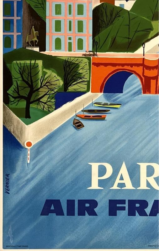 Original Vintage Poster AIR FRANCE PARIS Airline Travel Tourism Notre Dame LINEN - 4