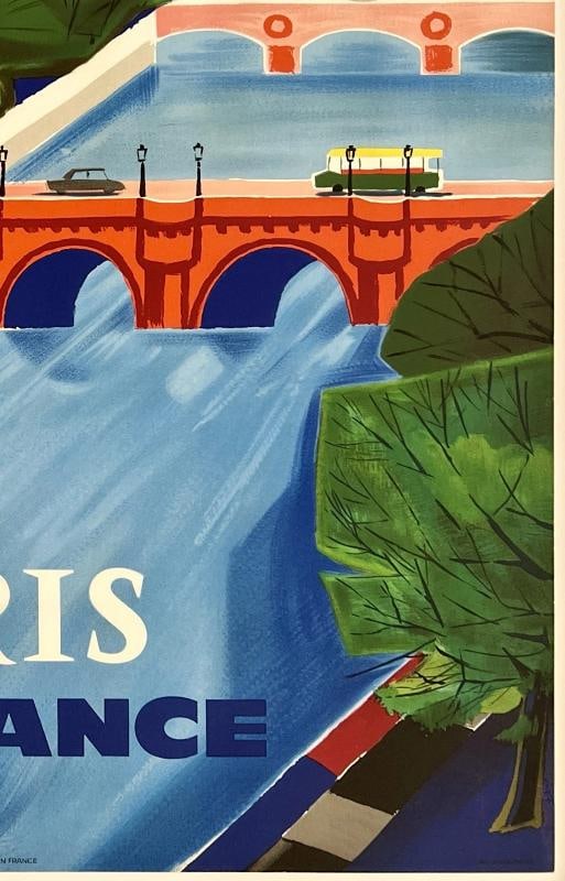 Original Vintage Poster AIR FRANCE PARIS Airline Travel Tourism Notre Dame LINEN - 5