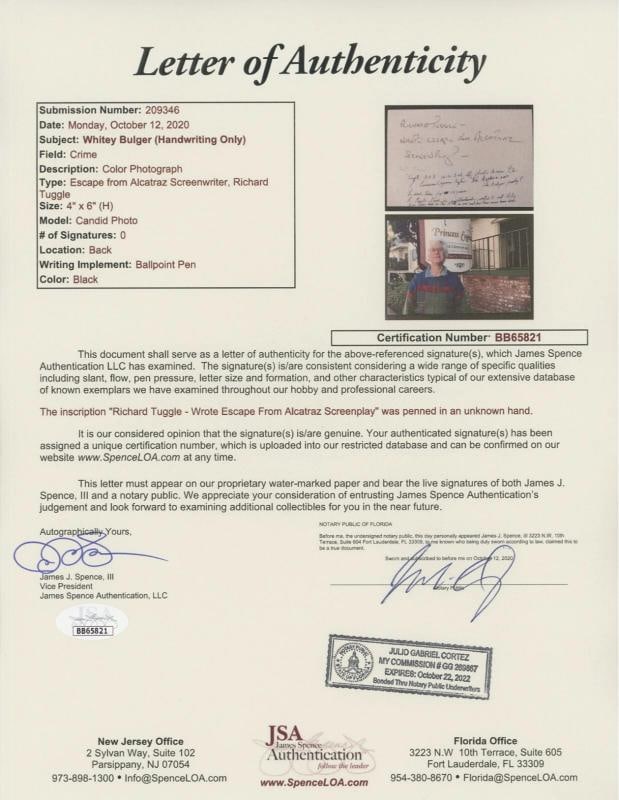 Whitey Bulger Hand Written Letter "Alcatraz / On the Run" JSA COA from Cellmate - 5