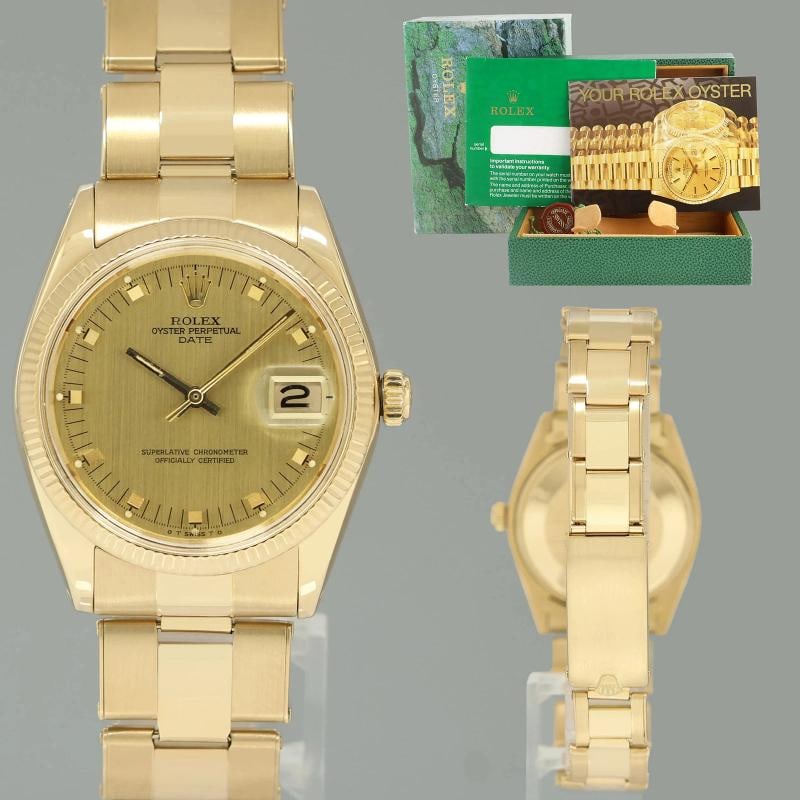 Rolex Date 34mm Oyster Perpetual 1503 Yellow Gold Champagne Watch Box: Condition: Pre-owned - Excellent,Brand: Rolex,Department: Men,Type: Wristwatch,Country of Origin: Switzerland