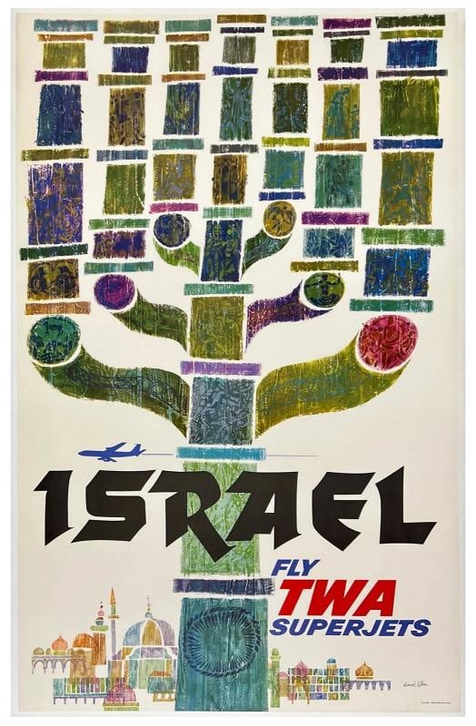 Original Vintage Poster ISRAEL FLY TWA SUPERJETS Airline Travel KLEIN LINEN: Condition: Used,Type: Poster,Airline: TWA,Country of Origin: United States,Modified Item: No Condition: Very Good * (linen backed; some toning along the upper left edge and a diagonal crease in the bo