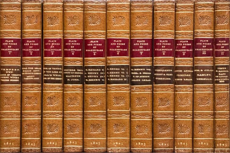 1825 Plays and Poems of WILLIAM SHAKESPEARE in Eleven Volumes Fine Leather: Binding: Leather,Place of Publication: London,Language: English,Special Attributes: Fine Leather Bindings, Great Condition, Over 200 years Old,Author: William Shakespeare,Publisher: William Pickering,