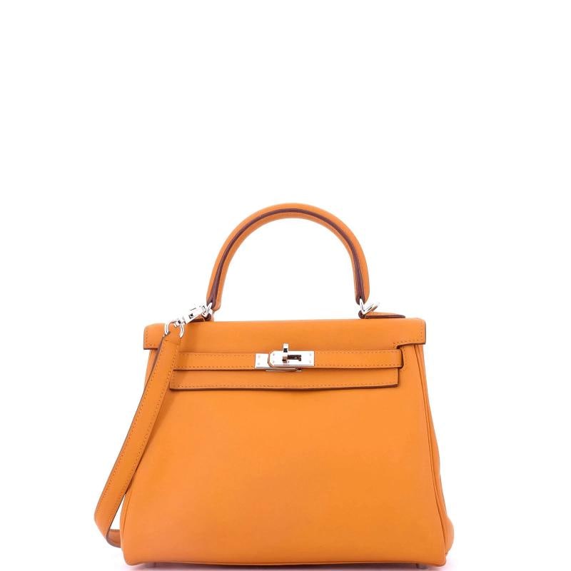 Hermes Kelly Handbag Orange Swift with Palladium Hardware 25: Condition: Pre-owned - Good,Brand: Hermes,Exterior Material: Leather,Style: Top Handle,Exterior Color: Orange,Department: Women,Size: 25,Accessories: With Strap Condition: Very good. Exterior: