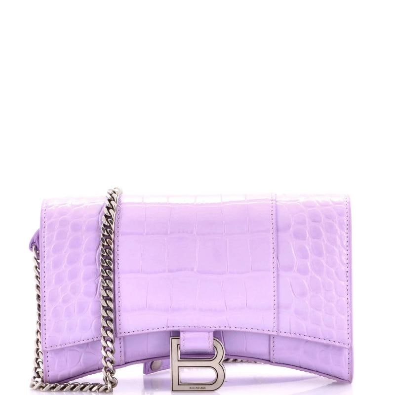 Balenciaga Hourglass Chain Wallet Crocodile Embossed Leather: Accessories: Dust Bag, With Strap Measurements: Handle Drop None", Height 4.5", Width 7.5", Depth 2", Strap Drop 21.5". Condition: Pre-owned - Good,Brand: Balenciaga,Exterior Material: Leather,Style: