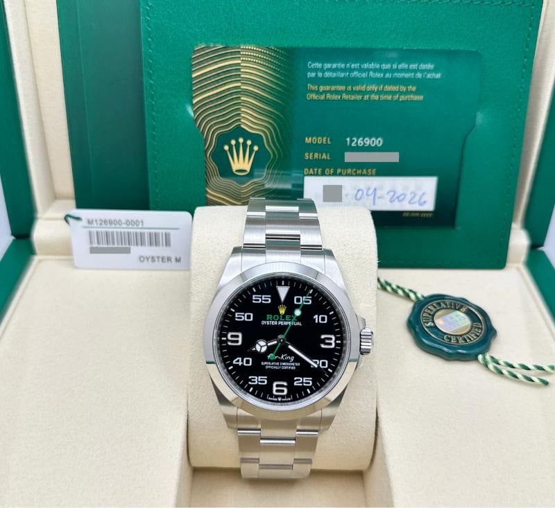 2026 Brand NEW Rolex Air King 126900 40mm Black Dial Stainless Steel Box Papers: Style Number: 126900 Brand New Year: 2026 Model: Rolex Air King Case Material: Stainless Steel Band: Stainless Steel Bezel: Stainless Steel Dial: Black Crystal: Sapphire Case Size: 40mm Includes: - Ro