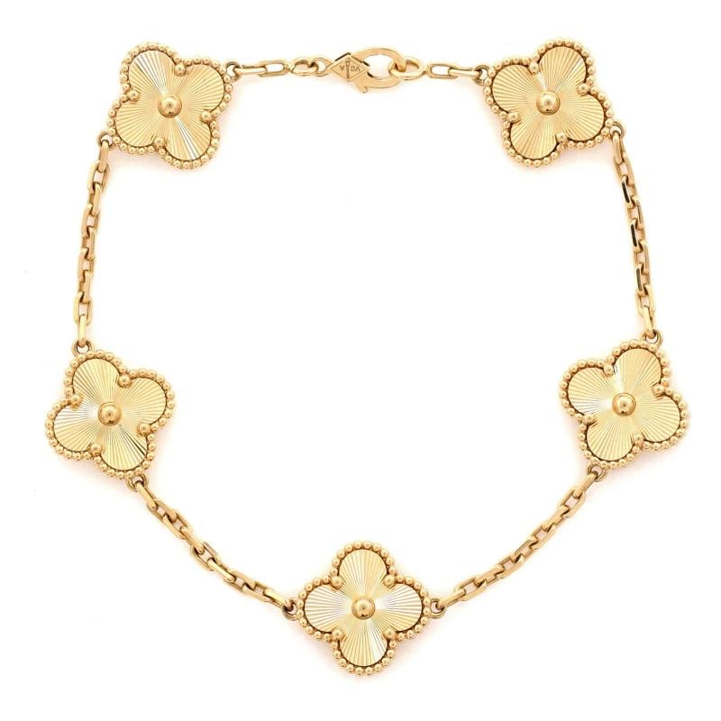 Van Cleef & Arpels Vintage Alhambra 5 Motifs Bracelet Guilloche 18K Yellow Gold: Measurements: Circumference: 7.75 ", Width: 14.80 mm . Condition: Pre-owned - Good,Brand: Van Cleef & Arpels,Main Stone: Unknown,Metal: 18K Yellow Gold,Metal Purity: 18K,Style: Bracelet,Type: