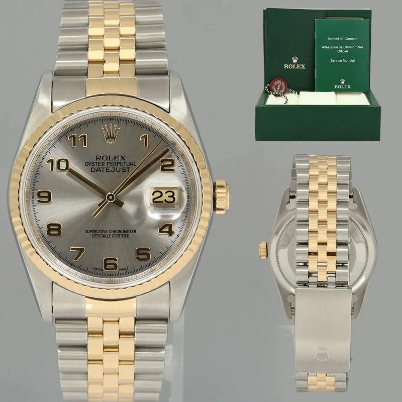 MINT Rolex DateJust 16233 Two Tone Yellow Gold Jubilee Silver Arabic Dial Watch: Box: Yes, this item includes the Original Rolex Box.. Case & Dial Case Material: Rolex Stainless Steel Case Size: 36mm Bezel: Rolex Yellow Gold Fluted Crystal: Rolex Sapphire Dial: Rolex Silver