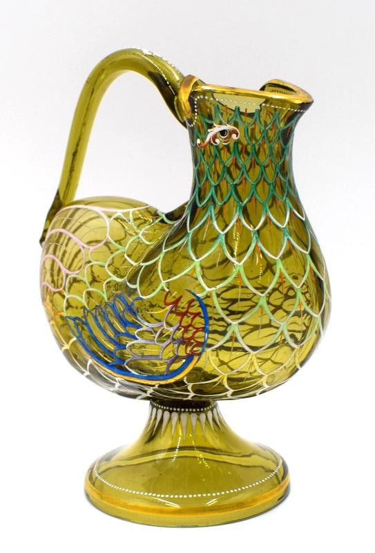 Rare Moser Art Glass Bird Shaped Small Pitcher, Hand Painted, Circa 1920 - 3