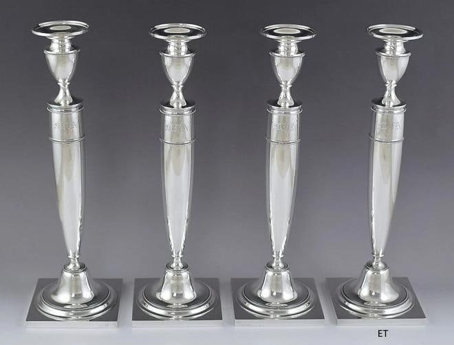 1923 Impressive set 4 Whiting Sterling Silver Tall Candlesticks: Each candlestick is about 13 7/8 inches tall. The bases are about 4 3/8 inches square. The total weight for the set is 2456 grams or 86.6 regular ounces.. Brand: Whiting Manufacturing Company,Age: