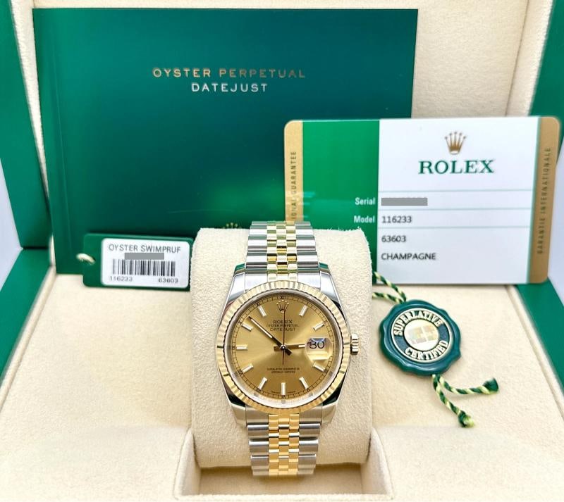 2015 Rolex Datejust 116233 36mm Champagne Dial 18k Yellow Gold Steel Box Paper: Style Number: 116233 Year: 2015 Model: Rolex Datejust Case Material: Stainless Steel Band: 18K Yellow Gold & Stainless Steel Bezel: 18K Yellow Gold Dial: Champagne Crystal: Sapphire Case Size: 36mm In
