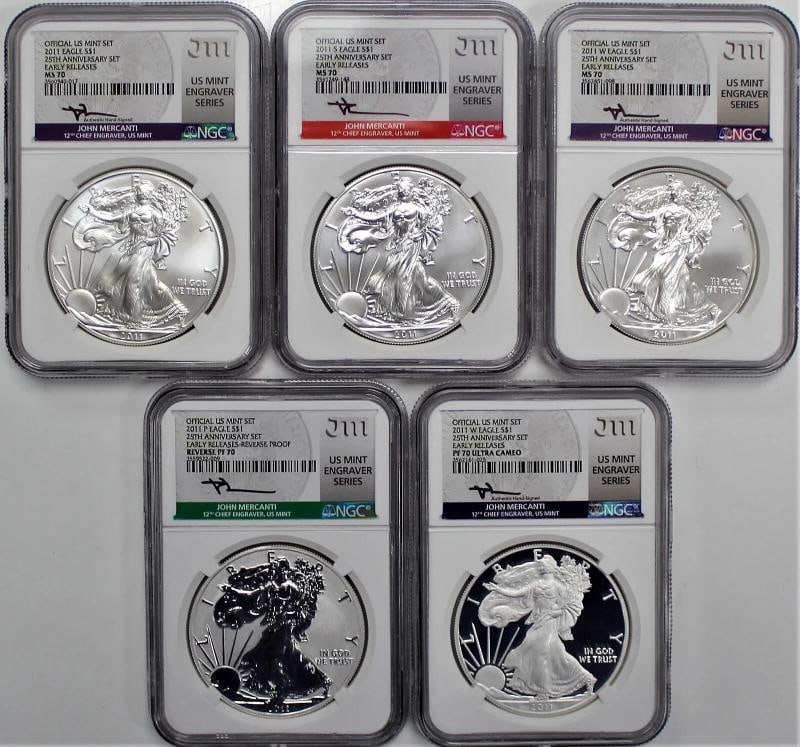 2011 $1 Silver Eagle 25th Anniversary 5 Coin Set NGC MS70/PF70/PF70 Mercanti: Country of Origin: United States,Composition: Silver,Certification Number: Actual Cert # Will Vary,Fineness: 0.999,Strike Type: Mint State/Burnished/Proof/Reverse Proof,Grade: MS70/PF70 UCAM/REV PF70,